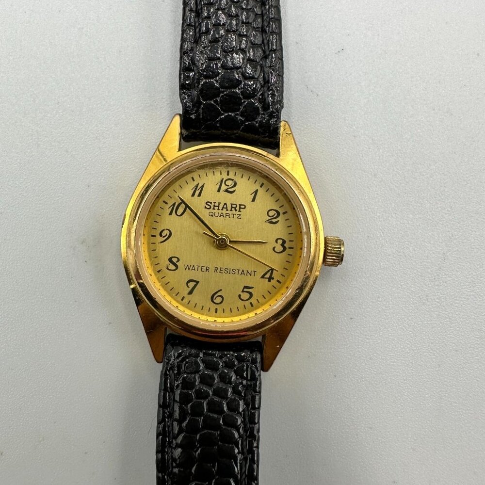 3/$30 Sharp Watch Women Gold Tone Black Embossed Leather Band New Battery 7.5 "
